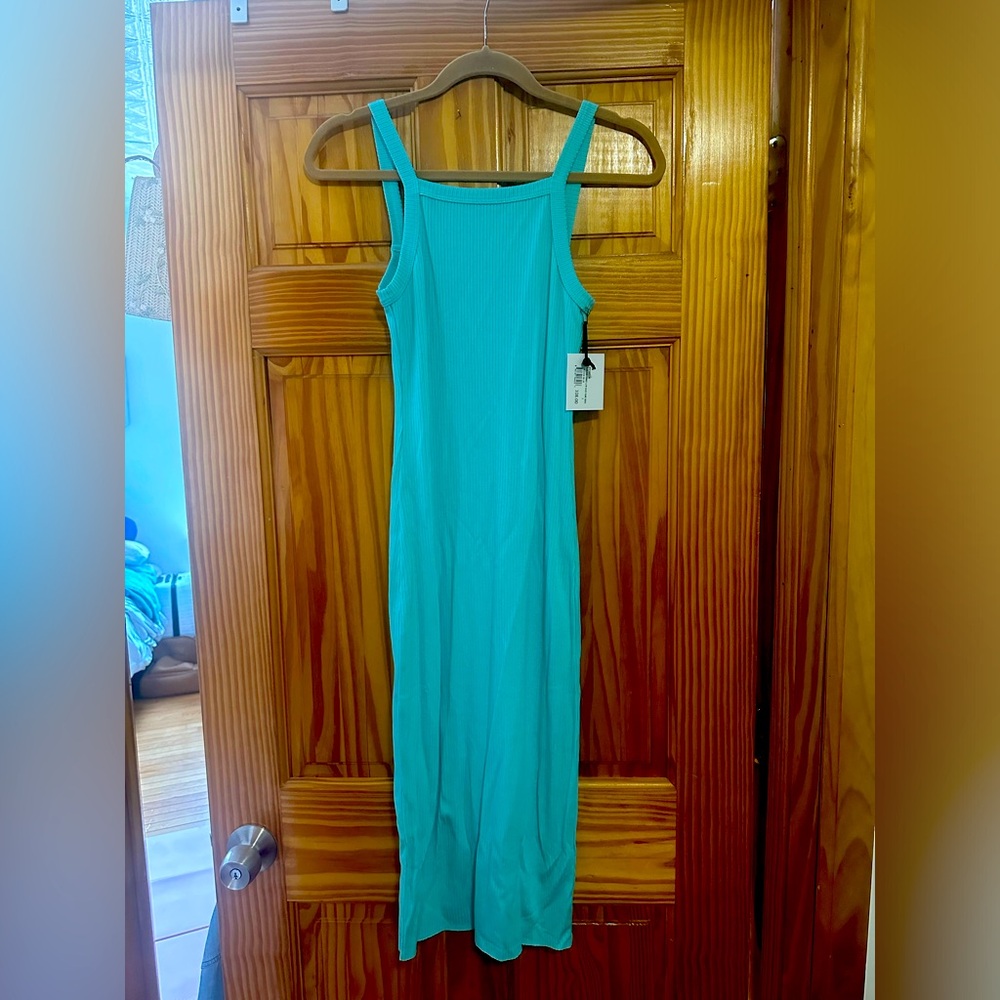 WSLY Bleecker Ribbed Low Back Tank Dress in Lagoon Blue
